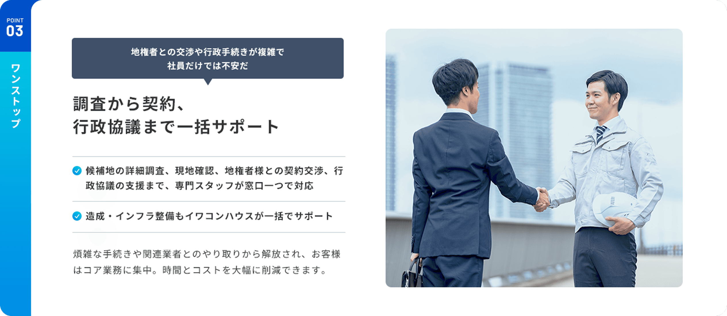POINT03 ワンストップ 調査から契約、行政協議まで一括サポート